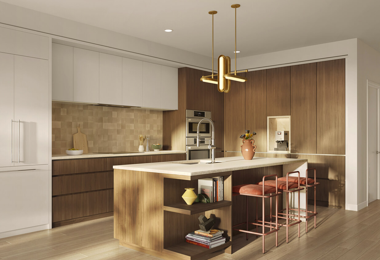 Interior kitchen render of luxury condo at Leland South Congress