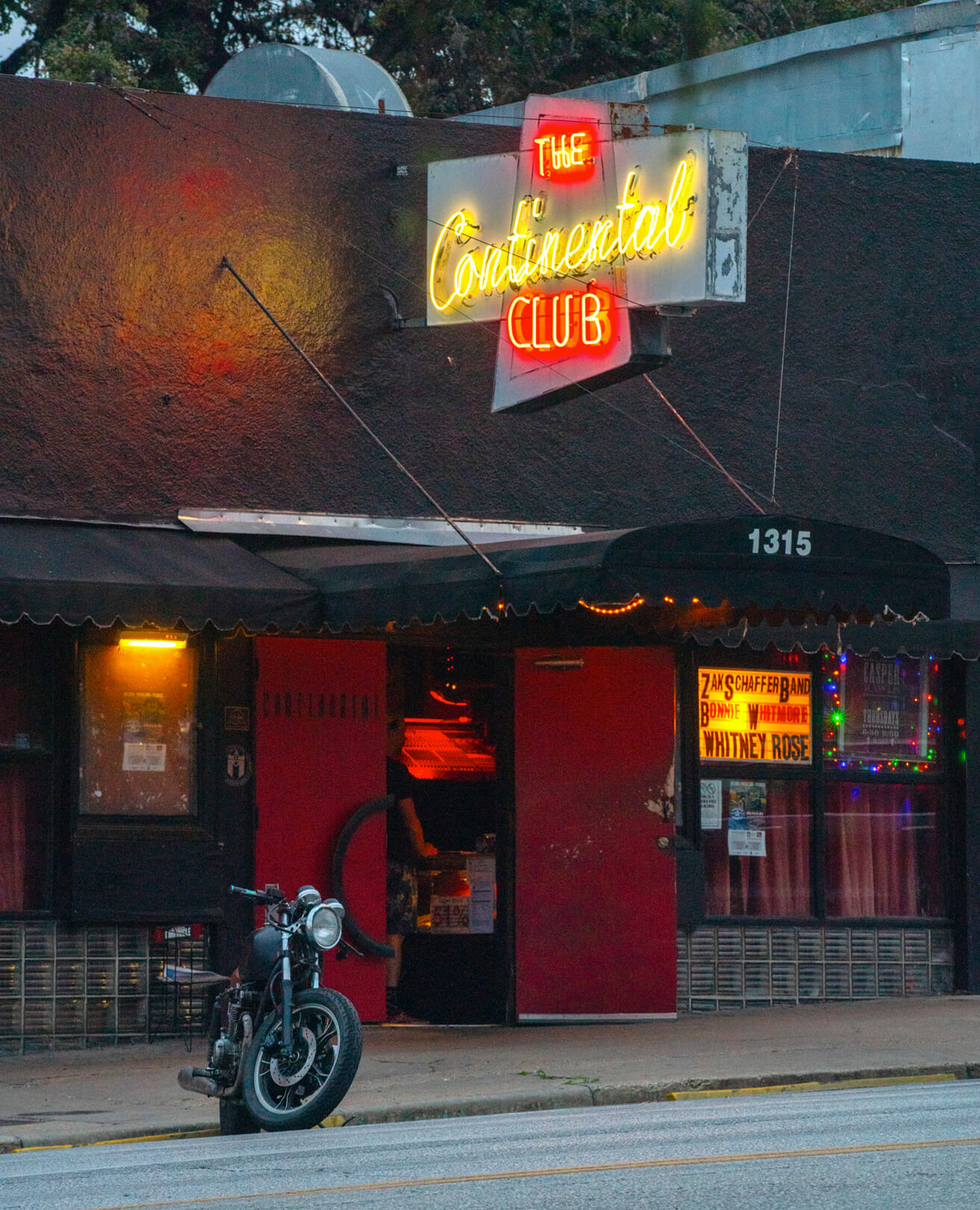 Exterior of the Continental Club in South Congress Austin at night