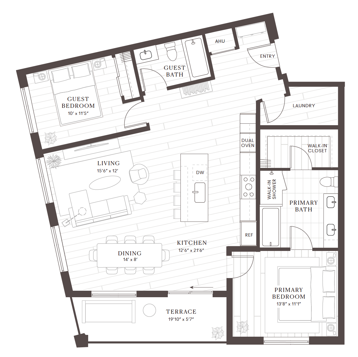 Floor plan of 2 bedroom 2 bath residence at Leland South Congress