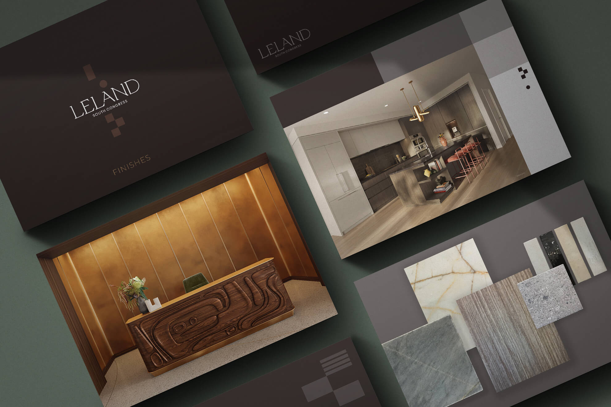 Composite image of finish palette brochure for residences at Leland South Congress