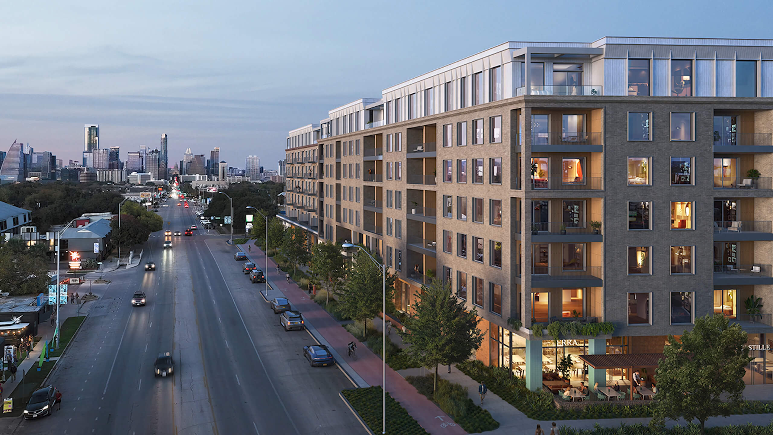 Primary exterior elevation of Leland South Congress luxury condos at night