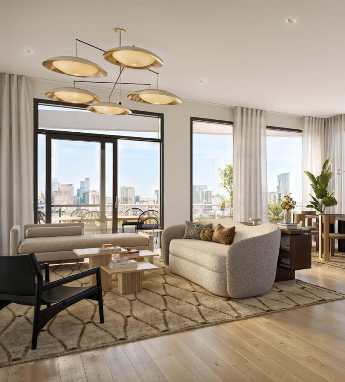 Penthouse interior living room render of luxury condo at Leland South Congress