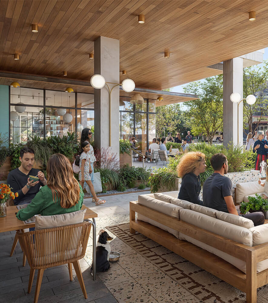 Render of the paseo at Leland South Congress