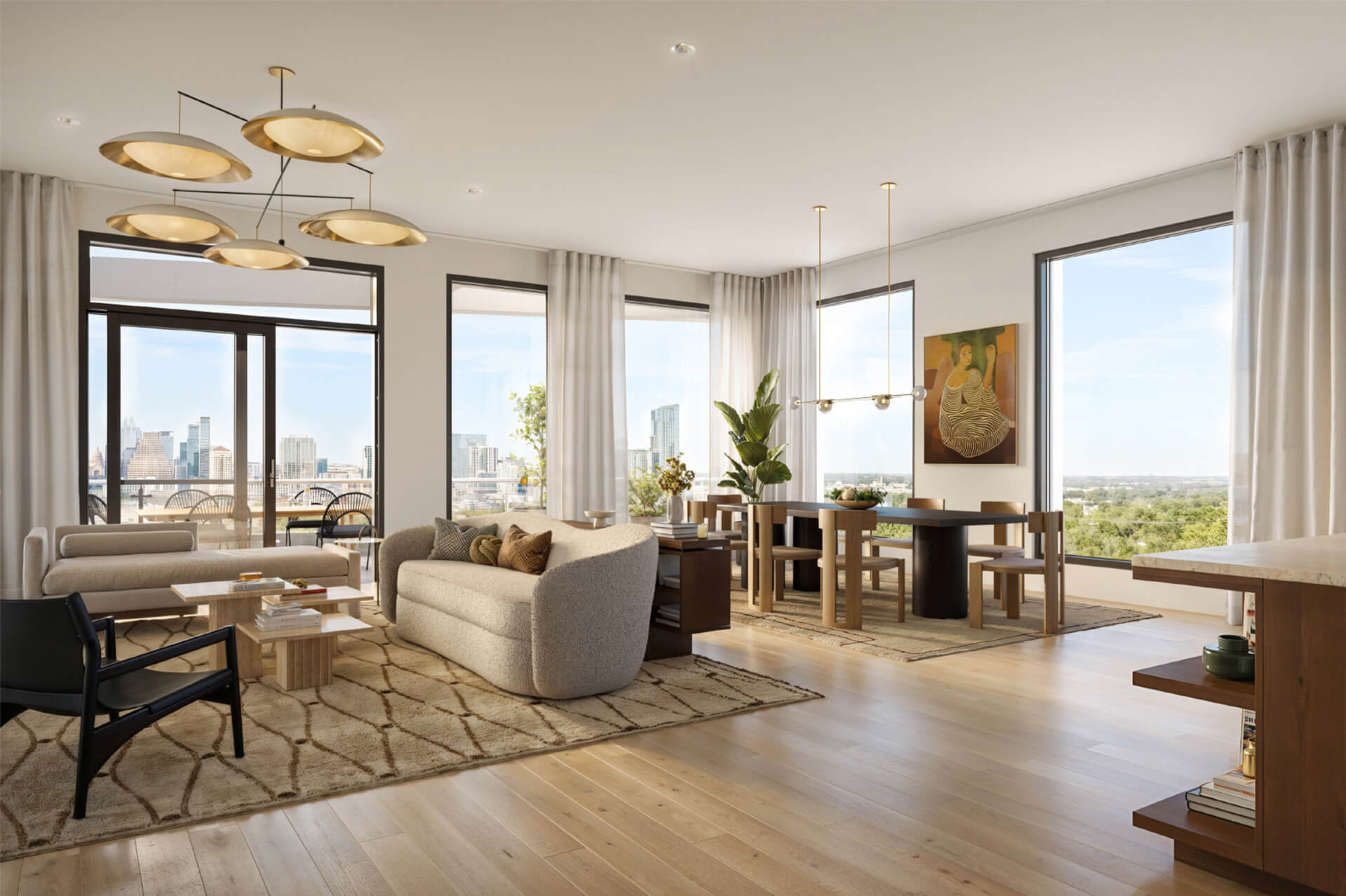 Penthouse interior living room render of luxury condo at Leland South Congress